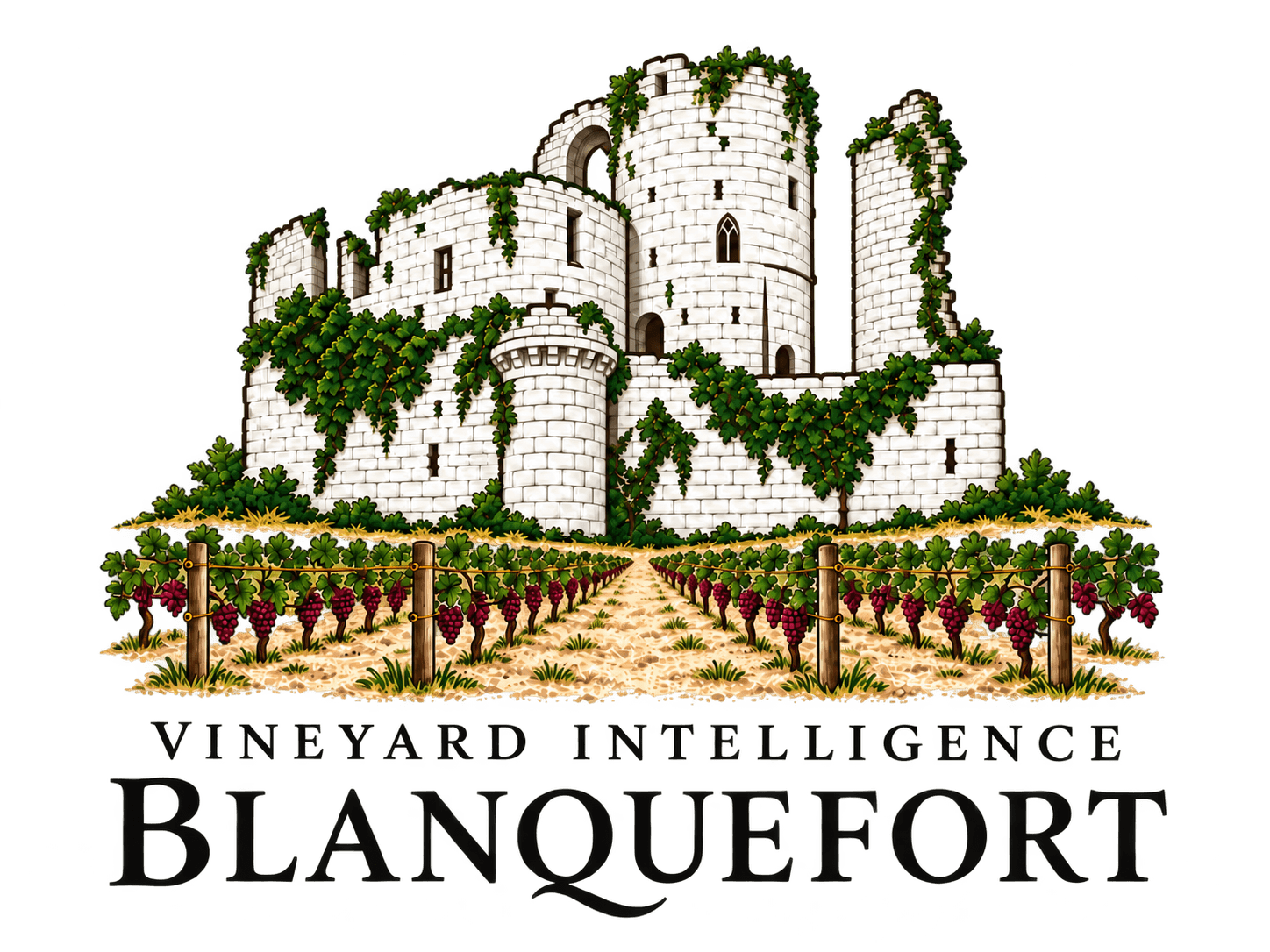 Castle ruins above vineyard rows